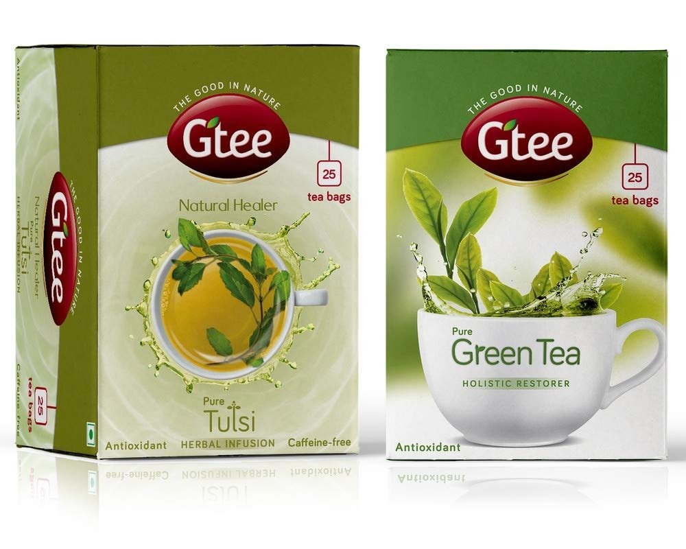 uk6127jWDUYL-1.jpg GTEE Green Tea Bags - Regular & Tulsi Tea Bags, 25 Tea bags (Pack of 2) - Fast UK Delivery - Image 1