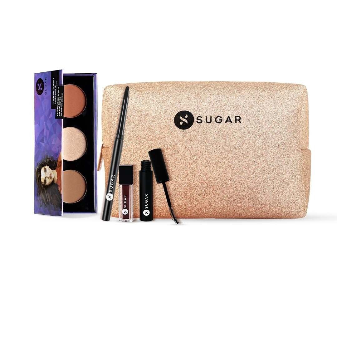 uk6138cNL6ZHL-1.jpg SUGAR Cosmetics Everday Makeup Kit for women | Lipstick, Mascara, Kajal, Face Palette | Gift Set | Free Pouch | Pack of 4 - Fast UK Delivery - Image 1