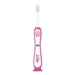 Chicco Toothbrush for Kids (3y-8y) with Suction Cup | Extra Soft Tapered Bristles for Milk and Permanent Teeth | With Tongue Scraper and BPA Free Material (Pink) - Fast UK Delivery