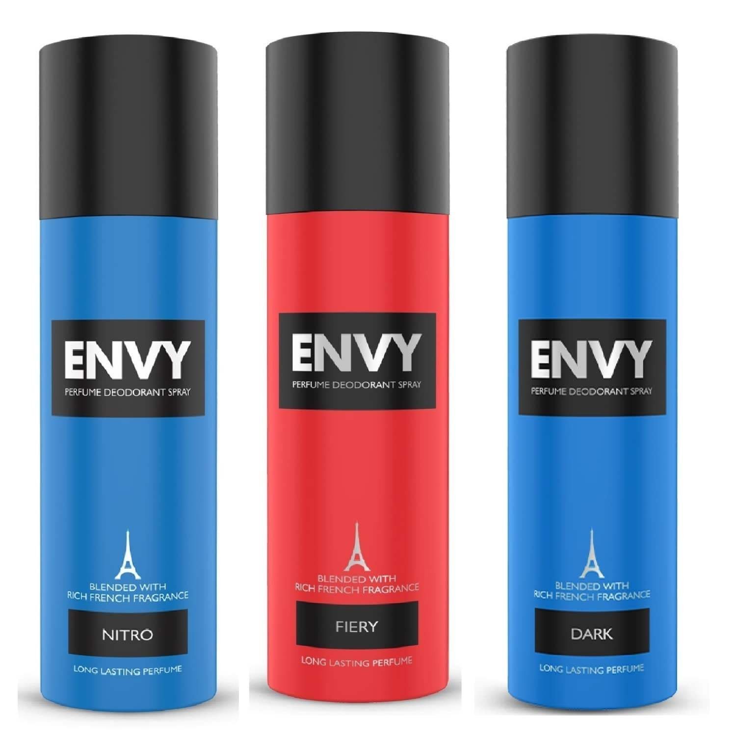 uk615e0HEMKrL-1-1.jpg ENVY Dark Deo & Fiery Deo - 140ML Each & Nitro Deo - 120ML (Combo Pack of 3) | Long Lasting Deodorant for Men - Fast UK Delivery - Image 1