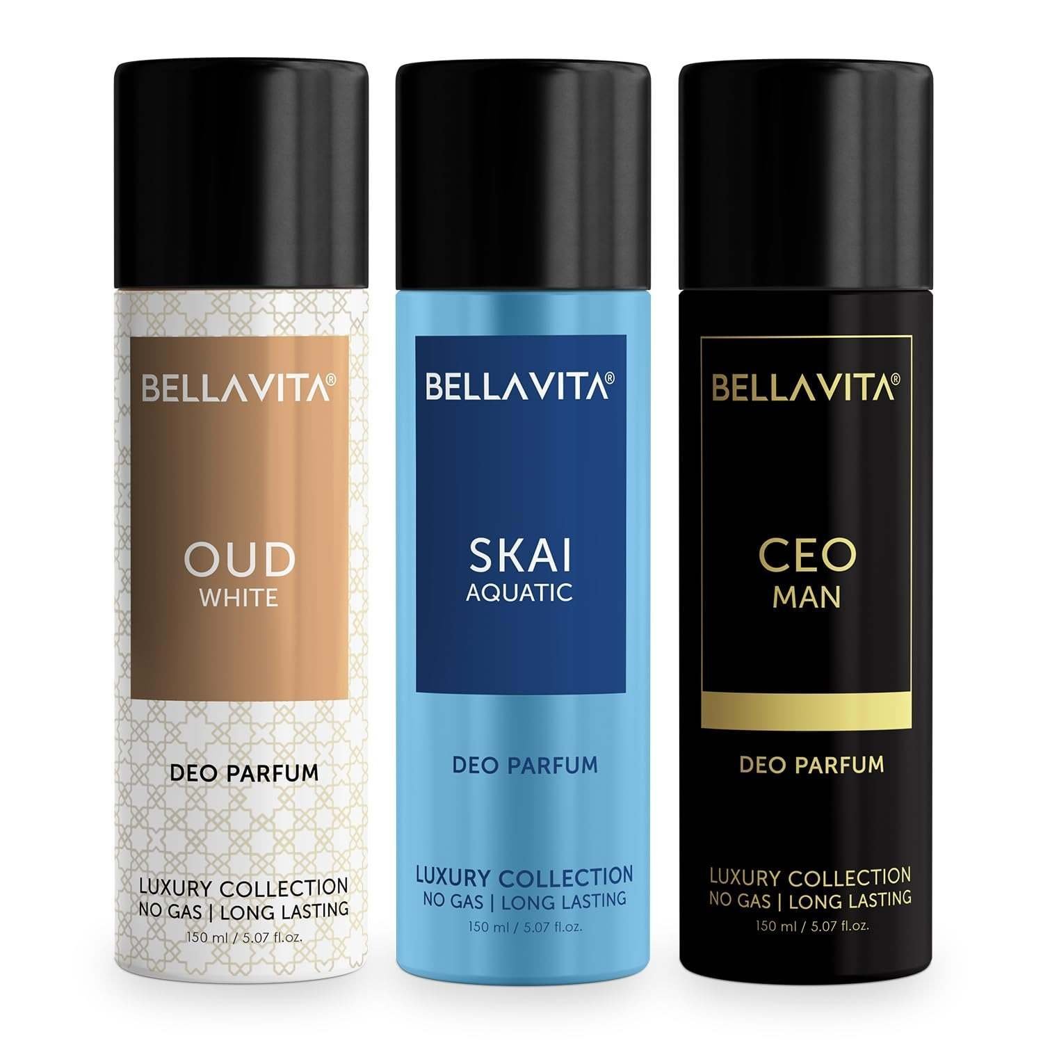 uk616-b-7XGKL-1.jpg Bella Vita Luxury Woody Body Parfum Deo Spray Combo Pack Of 3 X 150 Ml, No Gas Long Lasting Premium Fragrance Deodorant With Tonka For Unisex, Orange, Bergamot And Lavender - Fast UK Delivery - Image 1