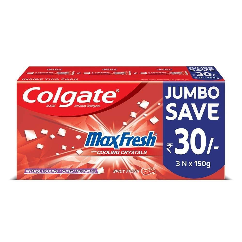 uk617JkYFsQWL-1.jpg Colgate MaxFresh Toothpaste, Red Gel Paste with Menthol for Super Fresh Breath, 450g, 150g X 3 (Spicy Fresh) - Fast UK Delivery - Image 1