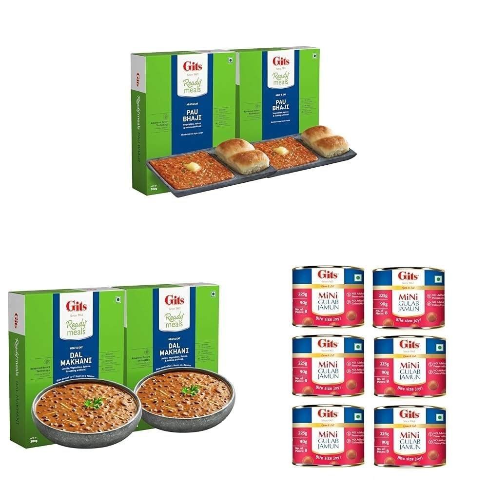 uk619ywAICVfL-1.jpg Gits Instant Indian Meals Combo: Pav Bhaji (600g), Dal Makhani (600g), Mini Gulab Jamun (225ml, Pack of 6) | Pure Veg, Perfect for Family Meals - Fast UK Delivery - Image 1