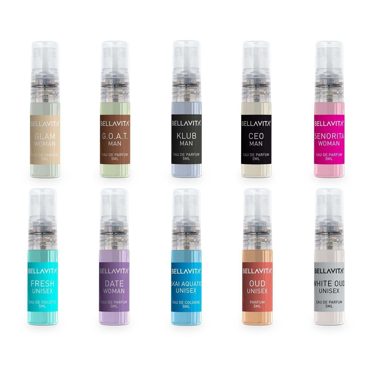 uk61A4Ai5TCL-1.jpg Bella Vita Luxury Men & Women Trial Pack Of 10 X 5Ml Pocket Aerosol Perfumes Unisex Fresh Scent Fragrance Mix Of Edp, Edt & Edc Long Lasting Perfume Sweet, Floral, Woody, Musky & Spicy - Fast UK Delivery - Image 1