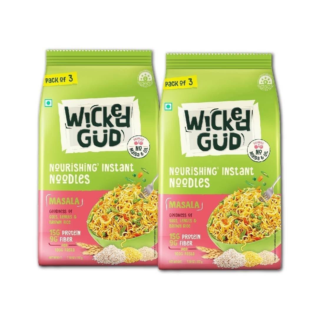 uk61Cm8LbDoNL-1-1.jpg WickedGud Masala Noodles (207gm x 2) No Maida | No Oil | No MSG | High Protein | High Fibre | Cholesterol Free - Fast UK Delivery - Image 1