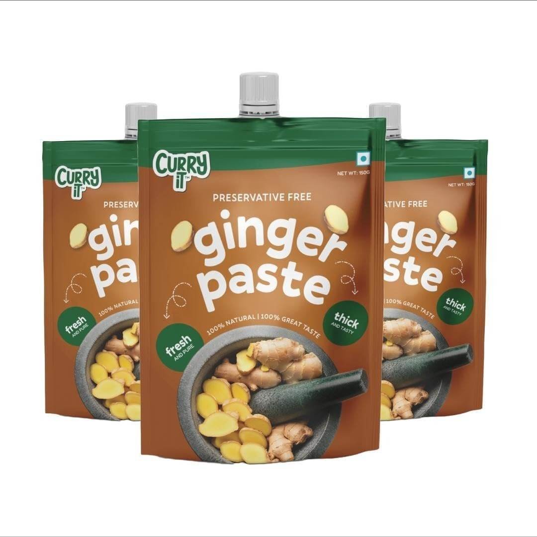 uk61DtaPgIUML-1-1.jpg CURRYiT Preservative Free Ginger Paste 150gm | Thick & Coarse | Ready to Cook Adrak Cooking Paste| Fresh & Pure | Organically Processed Ginger paste (Pack of 3) - Fast UK Delivery - Image 1