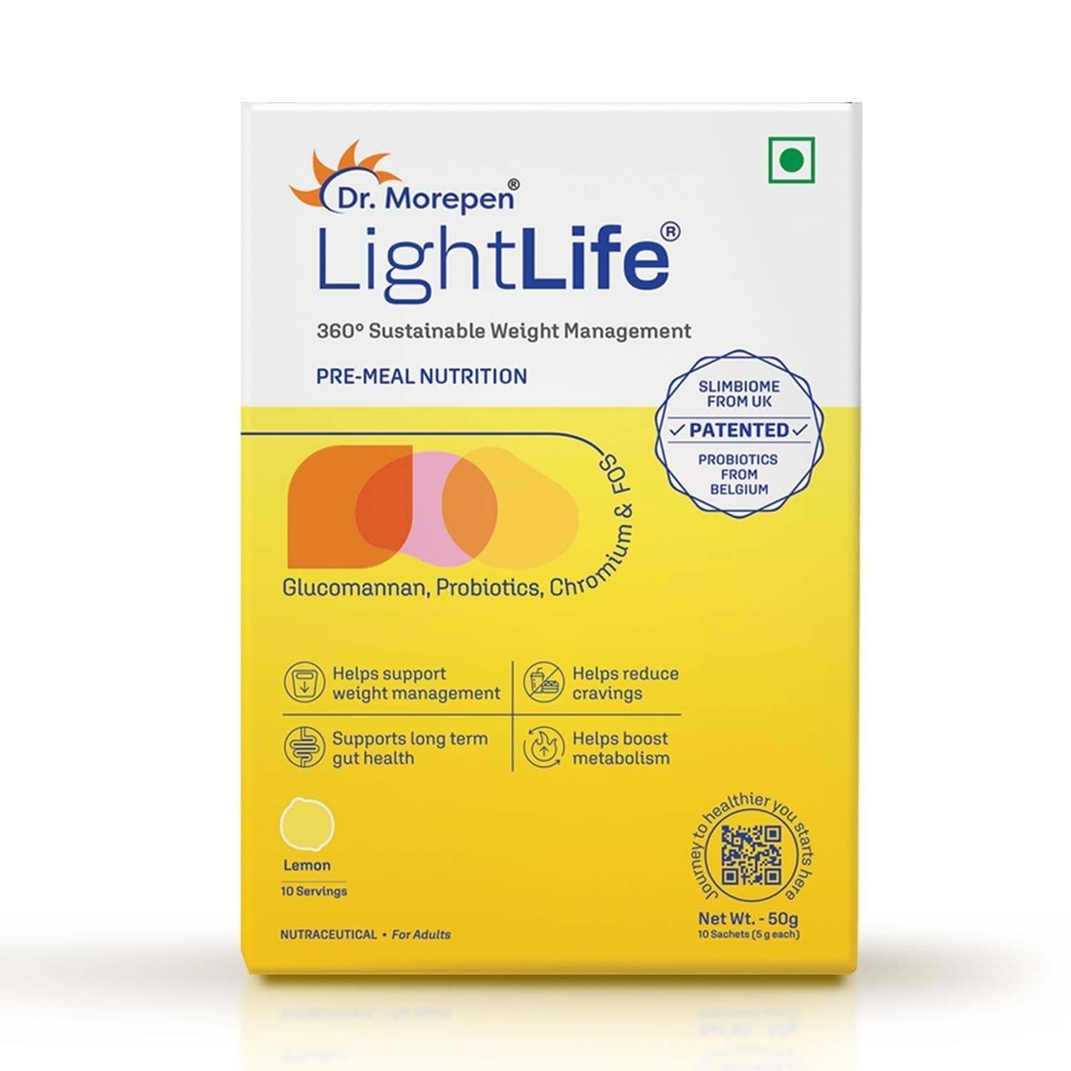 uk61ECV4NmLdL-1-1.jpg Dr. Morepen LightLife Pre-Meal Nutrition Mix |Controls Appetite & Reduces Cravings | For Men & Women | 10 Sachets | Lemon Flavors - Fast UK Delivery - Image 1