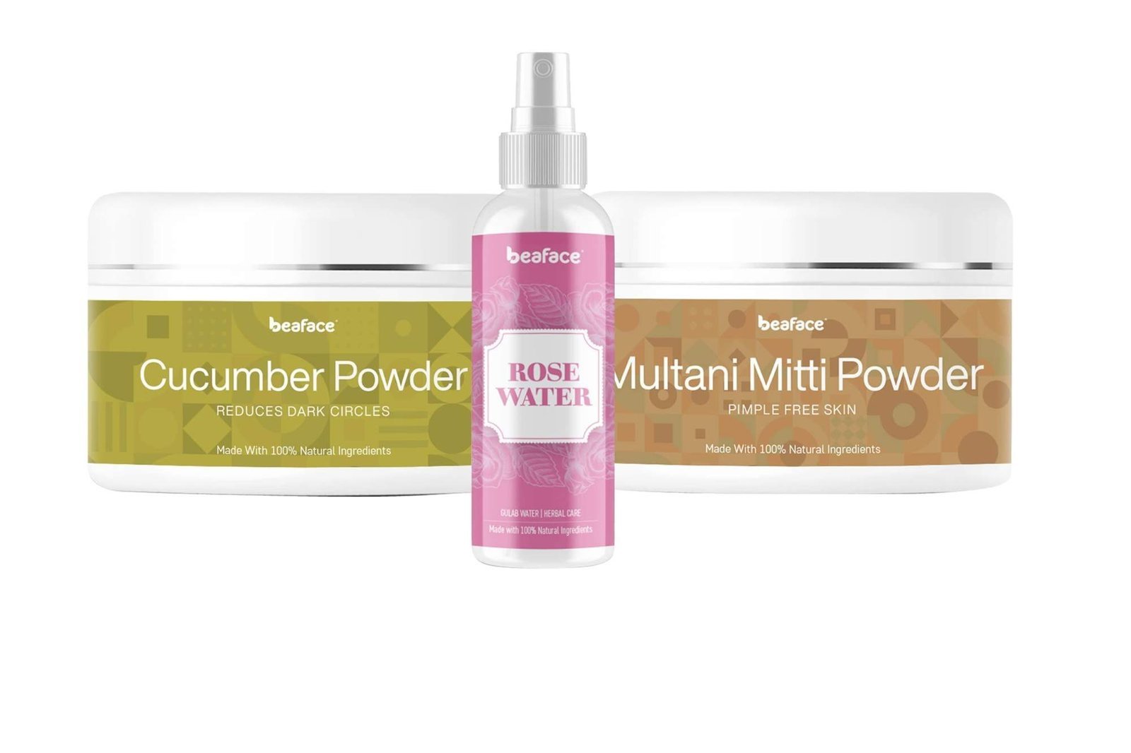 uk61HQnVjvSCL-1-1.jpg Beaface Combo Pack Cucumber Powder Under Eye Facial - 100gm | Multani Mitti Powder Acne Remover - 100gm | Rosewater Smooths Glowing Skin 100ml (Pack of 3) - Image 1