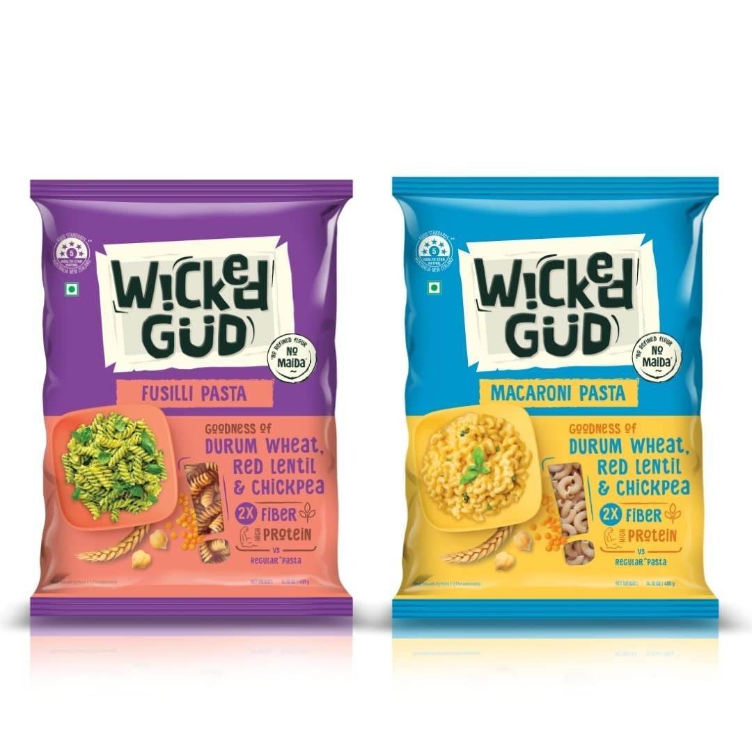 uk61HXWuEPOAL-1-1.jpg WickedGud 2X Fiber Fusilli & Macaroni Pasta Combo | No Maida | Durum Wheat Semolina | Brown Rice | Red Lentils | Healthy Diet Pasta - 400gm x 2 - Fast UK Delivery - Image 1