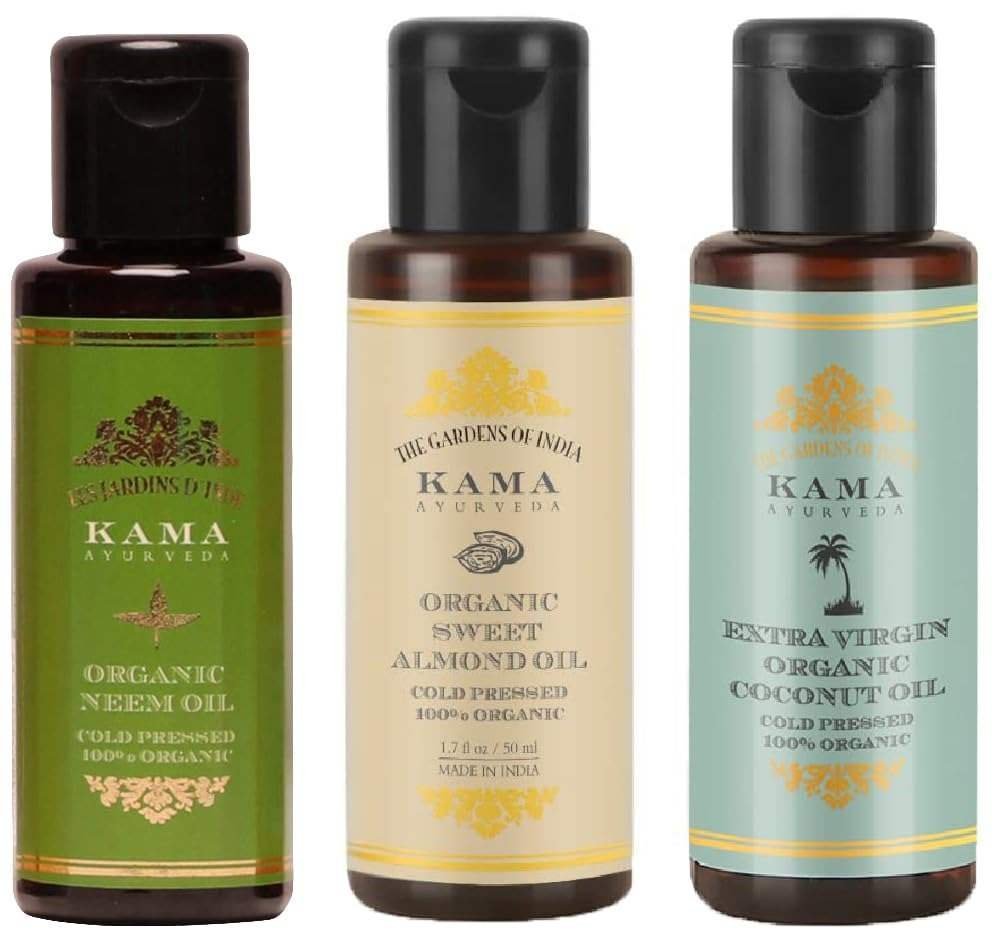 uk61HeStFgl5L-1-1.jpg Kama Ayurveda Organic Sweet Almond Oil & Kama Ayurveda Extra Virgin Organic Coconut Oil - 50ml & Kama Ayurveda Organic Neem Oil, 50 ml - Fast UK Delivery - Image 1