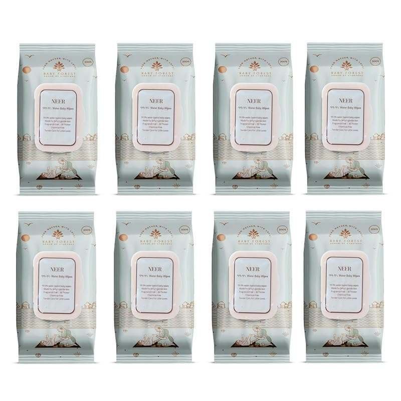uk61KE7bRMQcL-1-1.jpg Baby Forest Neer 99.9% Water Baby Wipes- Pack of 8 | Ideal for 0 Plus Months | No Added Fragrance | Cruelty-Free | Plant-Based Formulations | Pack of 8 Wipes | Dermatologically Tested - Fast UK Delivery - Image 1