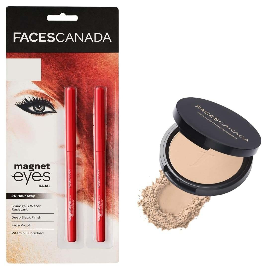 uk61KX1MAyN7L-1.jpg FACESCANADA Magneteyes Kajal- 2 In 1 Black, Black, & Weightless Matte Compact Powder Spf 20, Enriched With Shea Butter And Vitamin E, Non Oily Matte Finish, Ivory 9Gm - Fast UK Delivery - Image 1