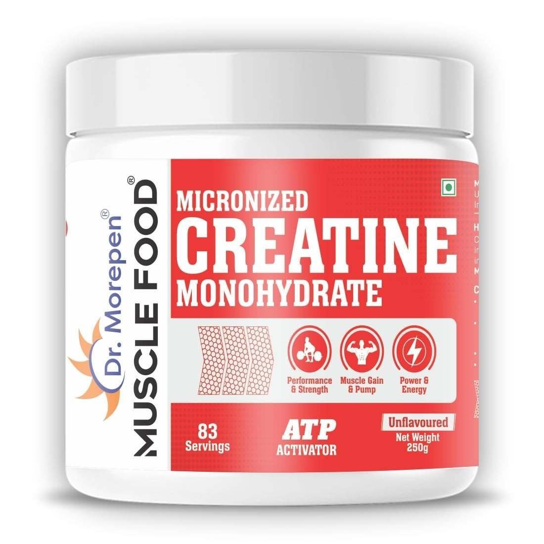 uk61MCL-2PLoL-1-1.jpg Dr. Morepen Muscle Food Creatine Monohydrate | Creatine Supplement for Lean Muscle Volumization, Strength & Energy - Unflavoured - 83 Servings - 250g - Fast UK Delivery - Image 1