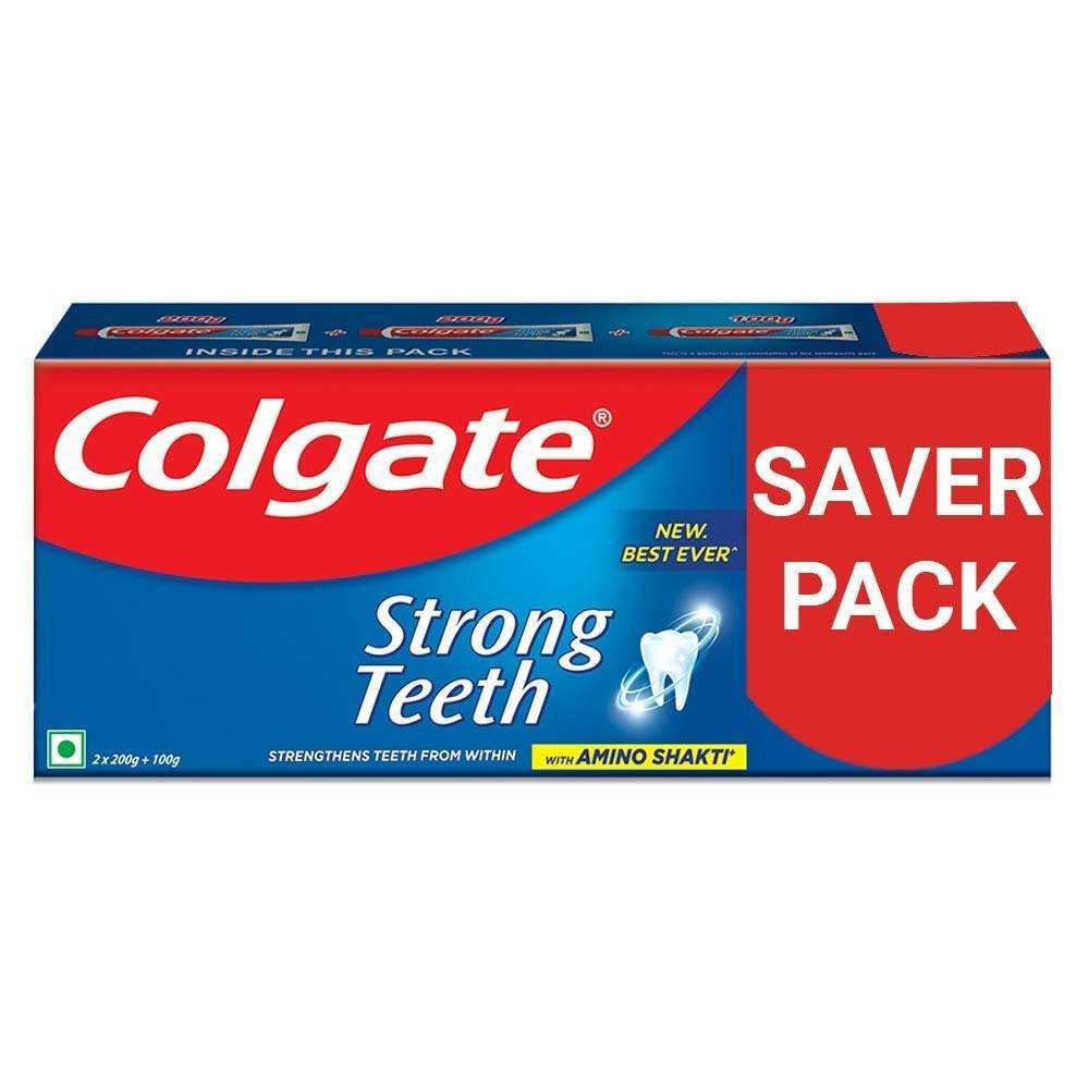 uk61MjDOI4zoL-1.jpg Colgate Strong Teeth Anticavity Toothpaste with Amino Shakti - 500gm (200gm - Pack of 2 with 100gm Free) - Fast UK Delivery - Image 1