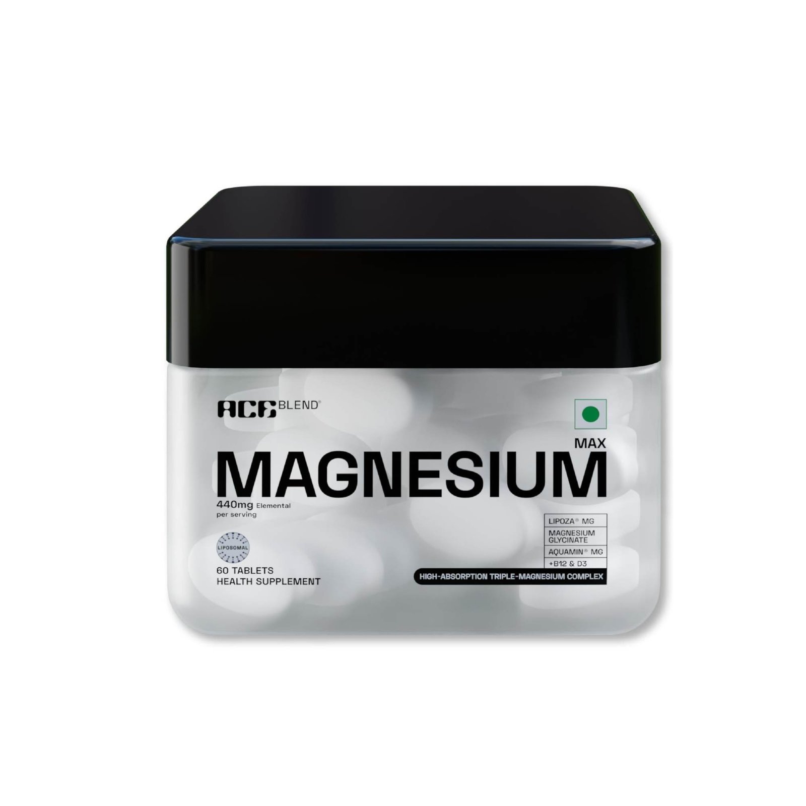 uk61MpV9R7h5L-1-1.jpg Ace Blend Max Magnesium Tablets 440mg | Magnesium Glycinate + Liposomal Lipoza + Aquamin | Calcium, Vitamin B12 & D3 Supplement Tablets for Men & Women | 60 Tablets - Fast UK Delivery - Image 1