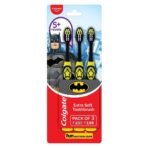 Colgate Kids Batman Manual Toothbrush, Extra Soft Bristle Toothbrush And Built-In Tongue Cleaner, Compact Head And Non-Slip Handle, Kids Toothbrush (Combo Pack Offer Of 3),Multicolour - Fast UK Delivery