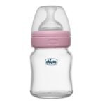 Chicco Well-Being Glass Feeding Bottle for Babies (120ml, Slow Flow) | Premium Borosilicate Glass for High Durability | Elongated Teat for Correct Latch | Comes with Anti-Spill Cap | BPA Free (Pink) - Fast UK Delivery