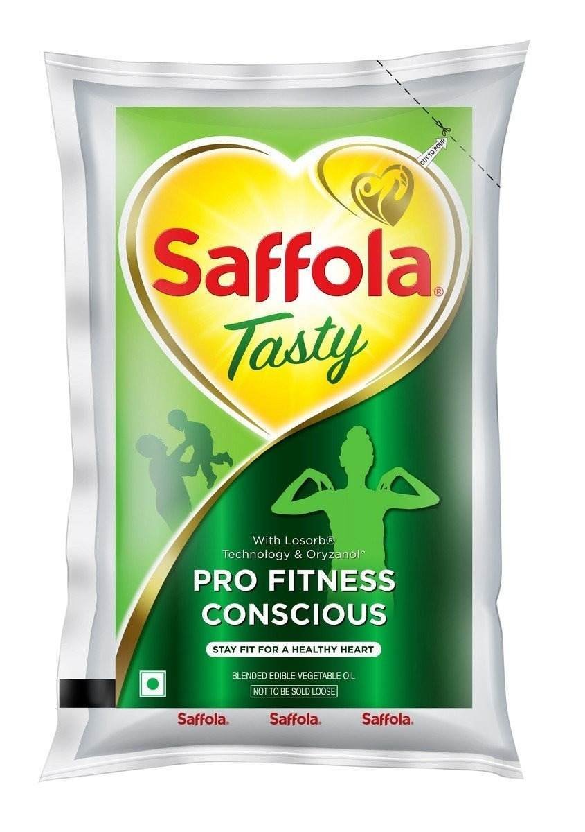 uk61QD92iU1bL-1-1.jpg Saffola Tasty Refined Oil|Blend of Corn Oil & Rice Bran Oil|Cooking oil|Pro Fitness Conscious Edible Oil 1 Litre Pouch - Fast UK Delivery - Image 1