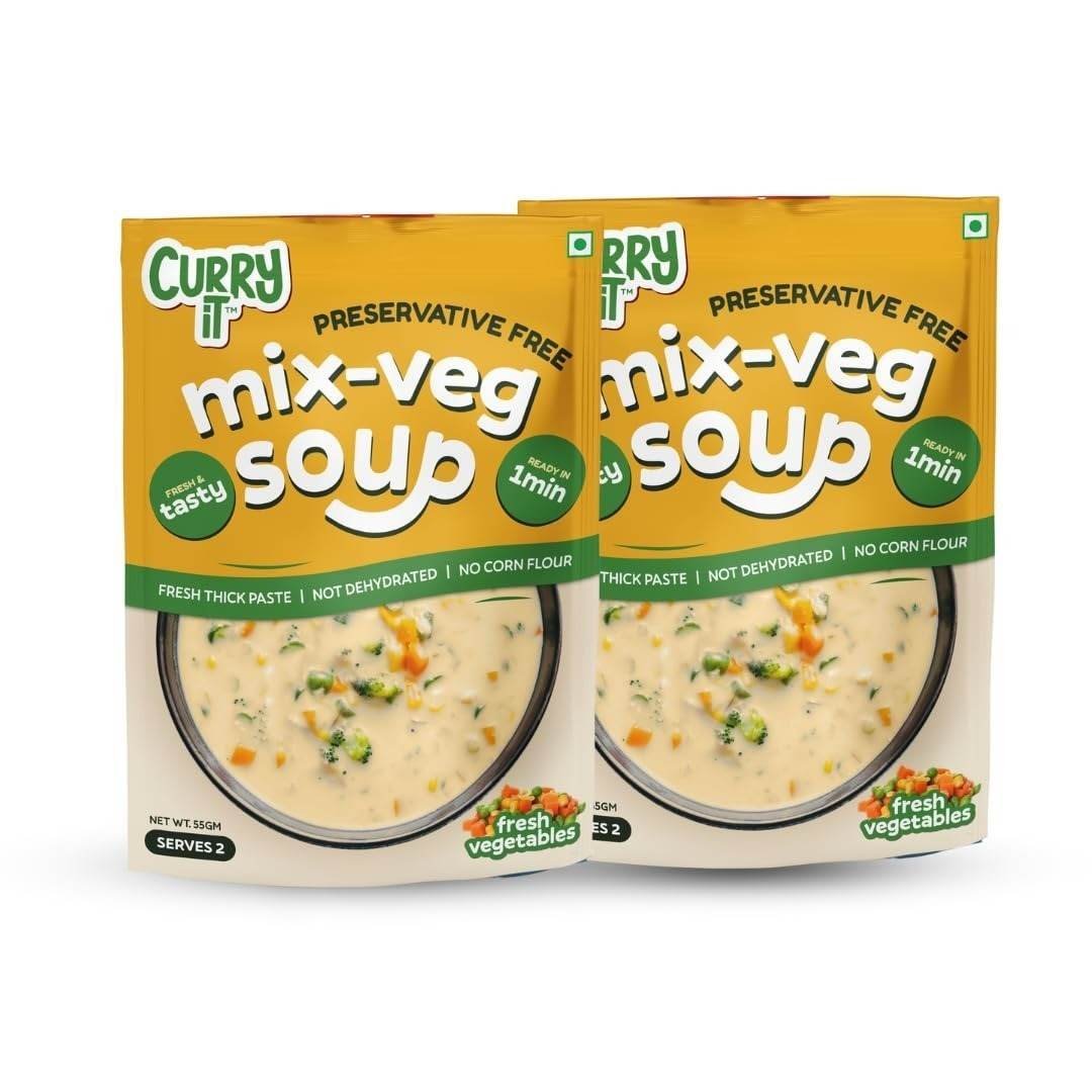 uk61QQsbzaiRL-1-1.jpg CURRYiT Mix Veg Soup 55 g (Pack of 2) | Tasty & Fresh Vegetables Flavor | First-Ever Instant Premix Soup in Thick Paste Form | Ready to Cook & Eat Food in Just 1 Minute |No Preservatives & Corn Flour - Fast UK Delivery - Image 1