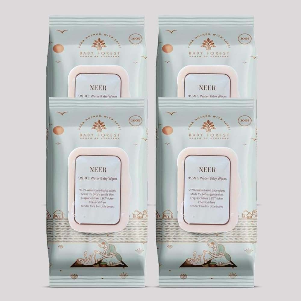 uk61R-oLBP-aL-1-1.jpg Baby Forest Neer 99.9% Water Baby Wipes- Pack of 4 | Ideal for 0 Plus Months | No Added Fragrance | Cruelty-Free | Plant-Based Formulations | Pack of 4 Wipes | Dermatologically Tested - Fast UK Delivery - Image 1