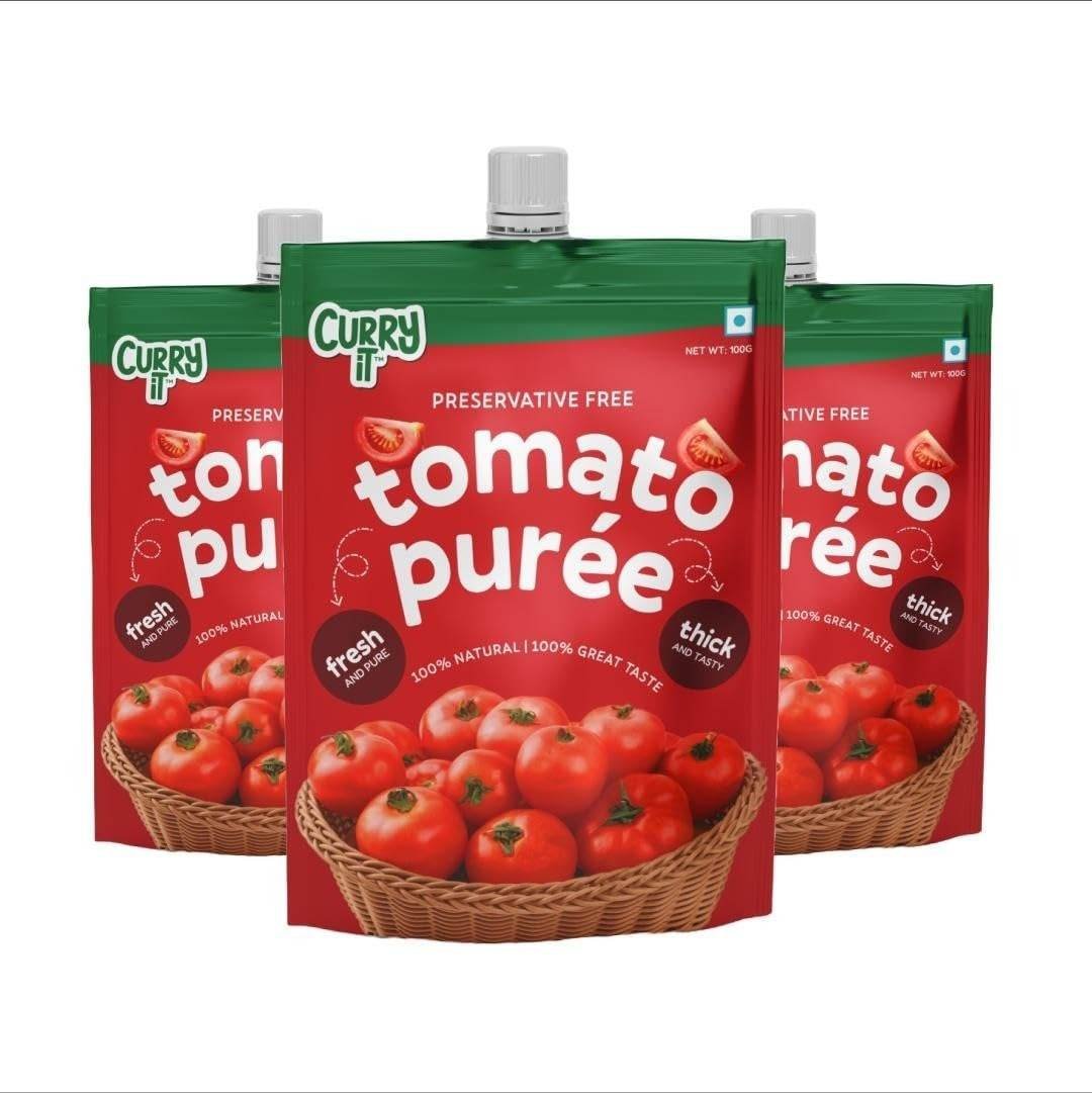 uk61RB2cNrGQL-1-1.jpg CURRYiT Tomato Puree 300 g (Pack of 3) | Made With 100% Fresh Hand picked Tomatoes | No onion, No Garlic | Tomato Paste For Cooking Pasta & Curries | No Added Preservatives or Colors | Pure & Natural - Fast UK Delivery - Image 1