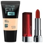 Maybelline New York Matte Lipstick, 677 Noho Amber, 3.9gm & Maybelline New York Liquid Foundation, Matte & Poreless, Full Coverage Blendable Normal to Oily Skin, Fit Me, 128 Warm Nude, 18 ml - Fast UK Delivery