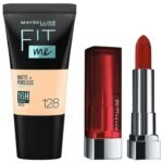 Maybelline New York Matte Lipstick, 677 Noho Amber, 3.9gm & Maybelline New York Liquid Foundation, Matte & Poreless, Full Coverage Blendable Normal to Oily Skin, Fit Me, 128 Warm Nude, 18 ml - Fast UK Delivery