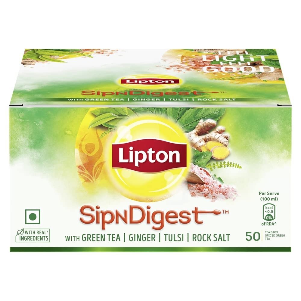 uk61U9SDWMAnL.jpg Lipton Sipndigest with Green Tea, Ginger, Tulsi & Rock Salt (Spiced Green Tea Bags), 50 Pcs, 90 Grams - Fast UK Delivery - Image 1