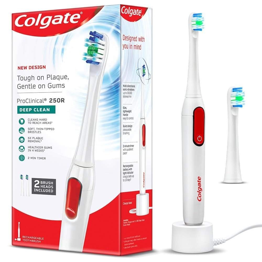 uk61U9VoMWgqL-1.jpg Colgate Proclinical 250R Deep Clean Rechargeable Sonic Toothbrush for adults, Electric Toothbrush with Soft Bristles, Healthier Gums in 4 Weeks (With Replaceable Brush Head, Charger included,White) - Fast UK Delivery - Image 1