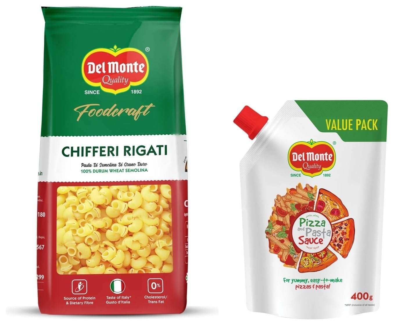 uk61UjUGU2CtL-1-1.jpg Del Monte FoodCraft Chifferi Pasta, 100% Durum Wheat Semolina, 1kg & Delmonte Del Monte Pizza & Pasta Sauce Spout Pack, 400g - Fast UK Delivery - Image 1