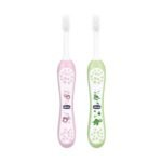 Chicco Baby Toothbrush for Infants (6m-36m), Set of 2 | Extra Soft Tapered Bristles ideal for Milk Teeth | BPA Free (Pink, Green) - Fast UK Delivery
