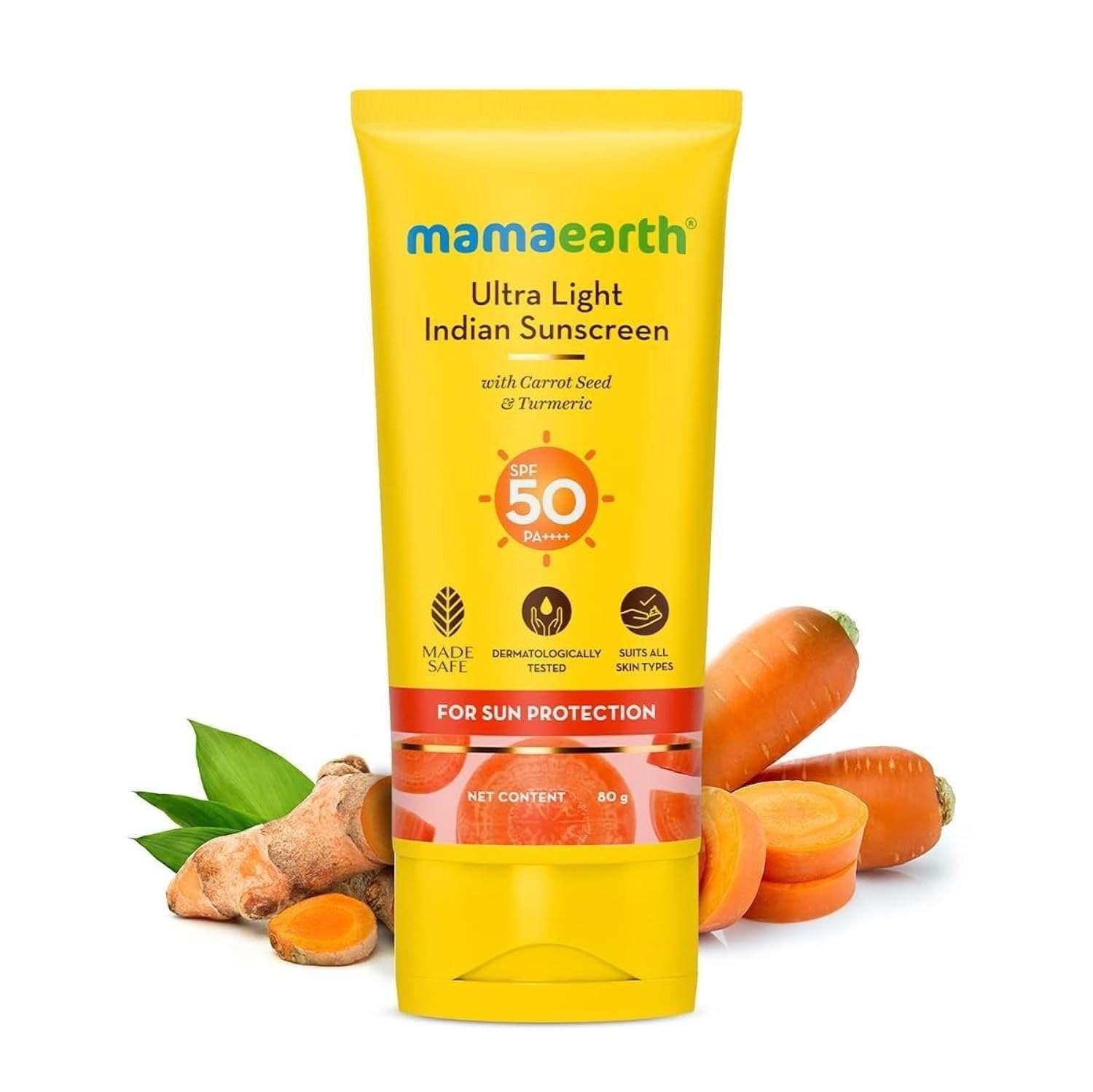 uk61VSWOfpkKL-1.jpg Mamaearth Ultra Light Indian Sunscreen-80 g with Carrot Seed & Turmeric | SPF 50 PA ++++| UVA & UVB Protection | No White Cast | Non-Greasy & Quick Absorbing | Super Lightweight | Suits All Skin Types - Fast UK Delivery - Image 1
