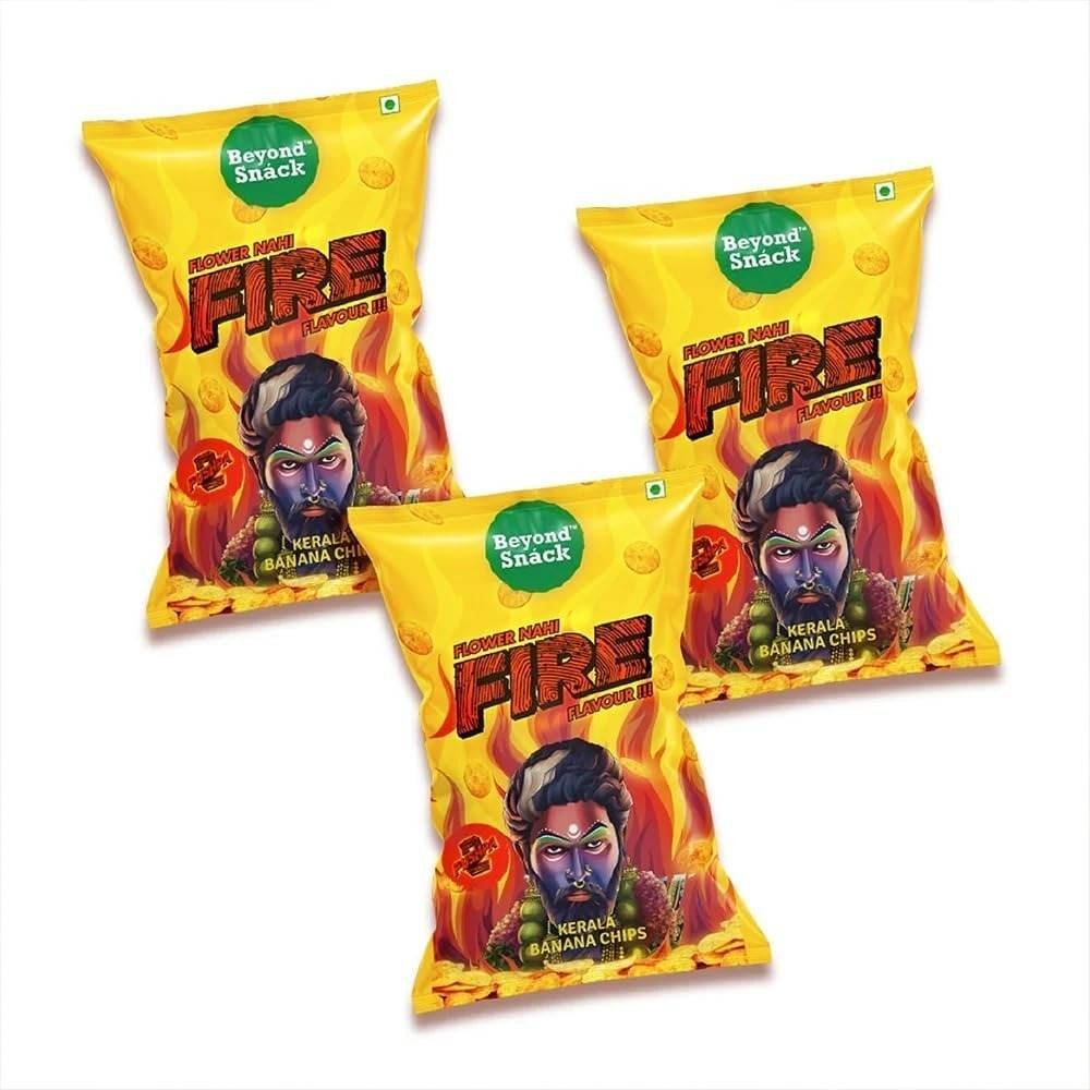 uk61VTaOGd2qL-1-1.jpg Beyond Snack Kerala Banana Chips limited edition Puspha2 - Fire flavour 300gms (100G * 3Packs) - Fast UK Delivery - Image 1