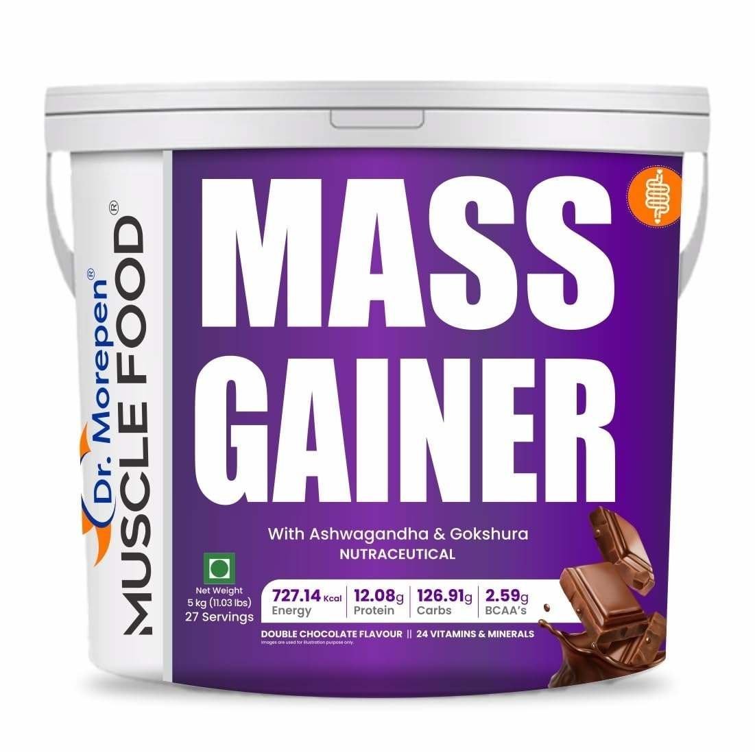 uk61XStj8qNtL-1-1.jpg Dr. Morepen Muscle Food Mass Gainer Double Chocolate 5kg | High Protein Muscle Building & Weight Gainer Formula | 12.08g Protein, 126.91g Carbs, 2.59g BCAA for Muscle Support & Muscle Mass Gain - Fast UK Delivery - Image 1