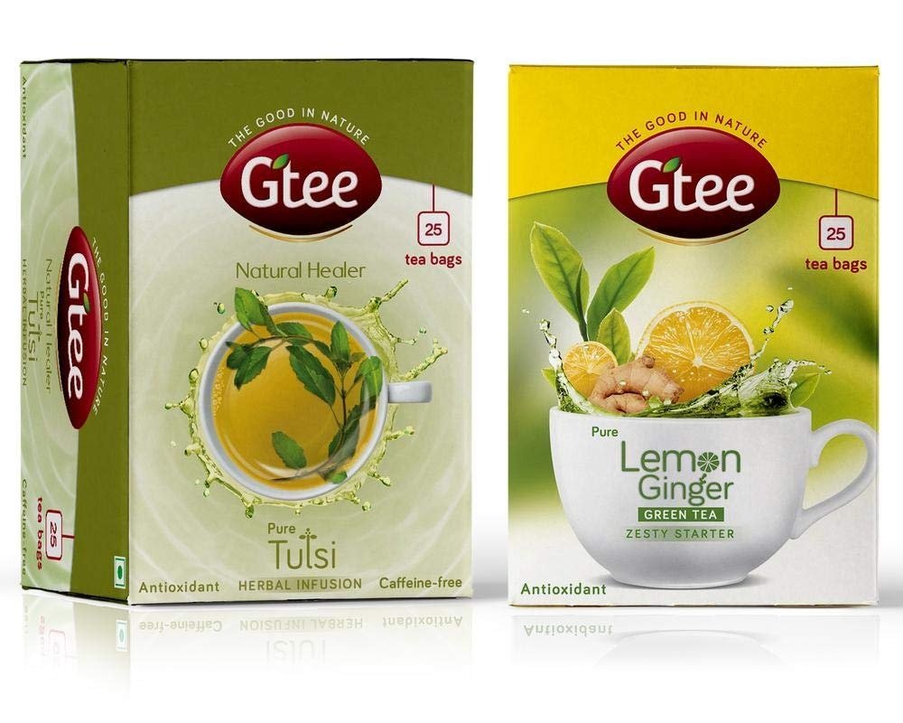 uk61aDO1EW6FL-1.jpg GTEE Green Tea Bags - Lemon & Ginger & Tulsi Tea Bags, 25 Tea bags (Pack of 2) - Fast UK Delivery - Image 1
