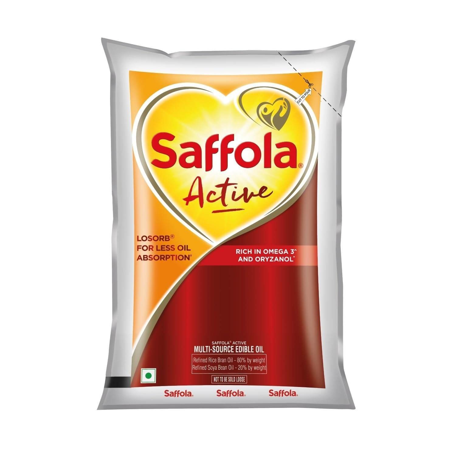 uk61dK3VocRLL-1-1.jpg Saffola Active Refined Cooking oil | Rich in Omega 3 & Oryzanol | Multi-Source Edible Rice Bran & SoyaBean oil | 1 Litre pouch - Fast UK Delivery - Image 1