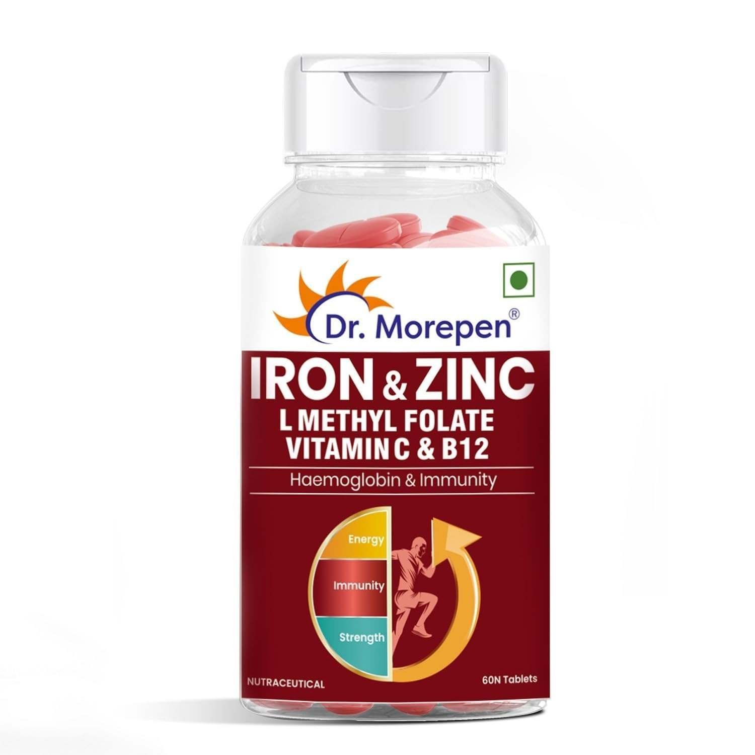 uk61e3xWX9Q2L-1-1.jpg DR. MOREPEN Iron & Zinc Tablets | Enriched with Iron, Zinc, Vitamin C & B12 | Natural & Safe for Men and Women | 60 Veg Tablets - Fast UK Delivery - Image 1