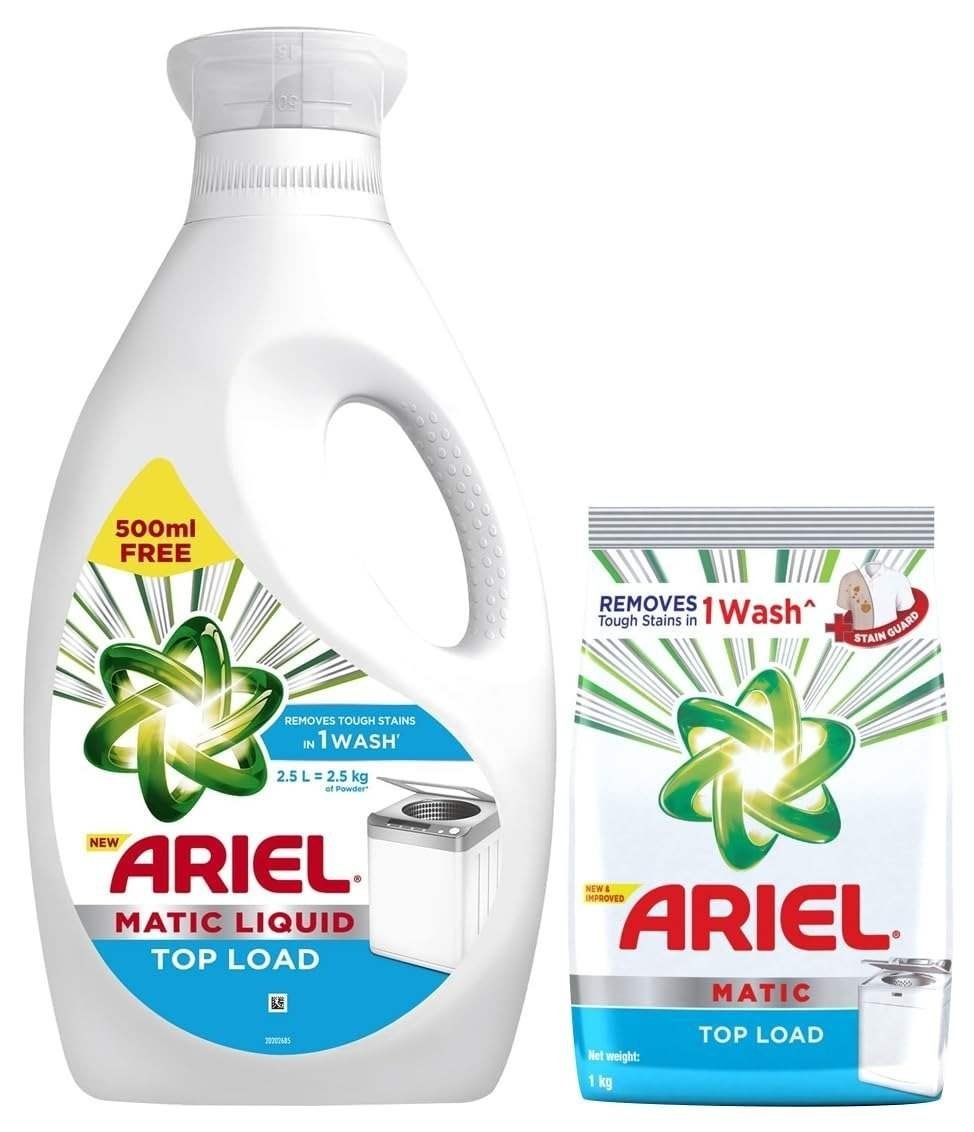 uk61fVSzevj6L-1-1.jpg Ariel Matic Liquid Detergent Top Load 2 Ltr + 500 MilliLitre Free & Ariel Matic Top Load Detergent Washing Powder - 1 kg COMBO - Fast UK Delivery - Image 1