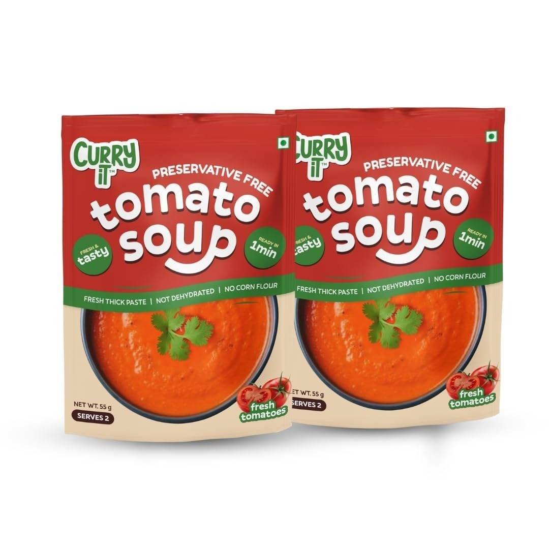 uk61fxpFjukWL-1-1.jpg CURRYiT Tomato Soup 55 g (Pack of 2) | Tasty & Fresh Tomato Flavor | First-Ever Instant Premix Soup in Thick Paste Form | Ready to Cook & Eat Food in Just 1 Minute | No Preservatives & Corn Flour - Fast UK Delivery - Image 1