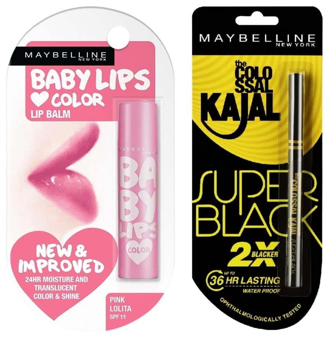 uk61grdFVWdIL-1.jpg Maybelline New York Colossal Kajal, Super Black, 0.35g And Baby Lips Lip Balm, Translucent Finish - Pink Lolita, 4g - Fast UK Delivery - Image 1