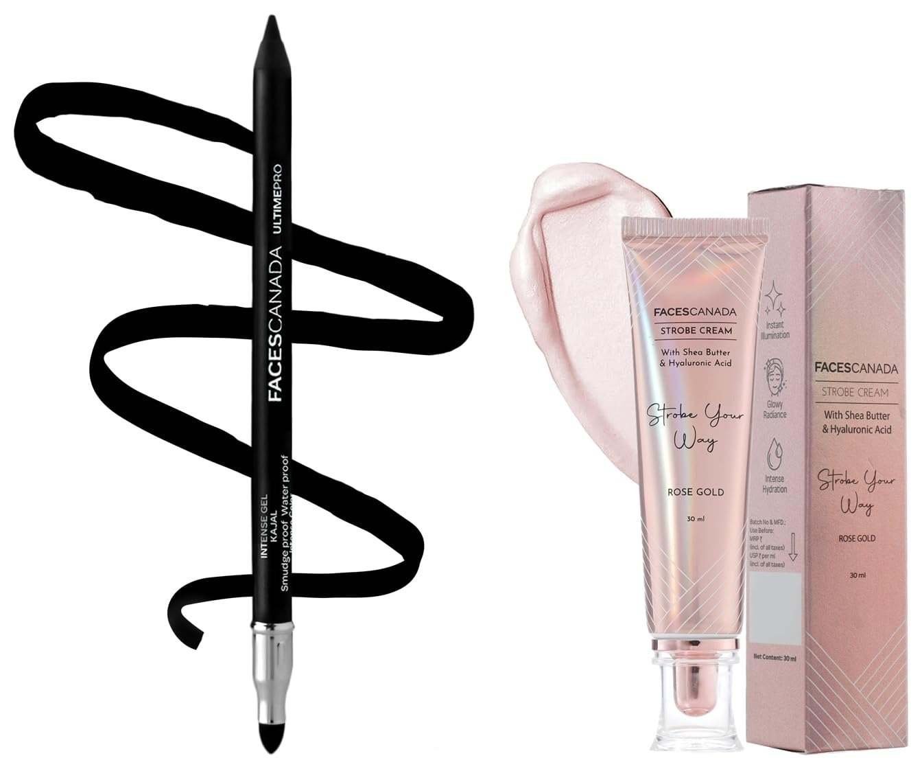 uk61gtqIQeuQL-1.jpg FACESCANADA Strobe Cream - Rose Gold, 30Ml And Facescanada Ultime Pro Intense Gel Kajal With Smudger & Sharpener - Black,1.2 G - Fast UK Delivery - Image 1