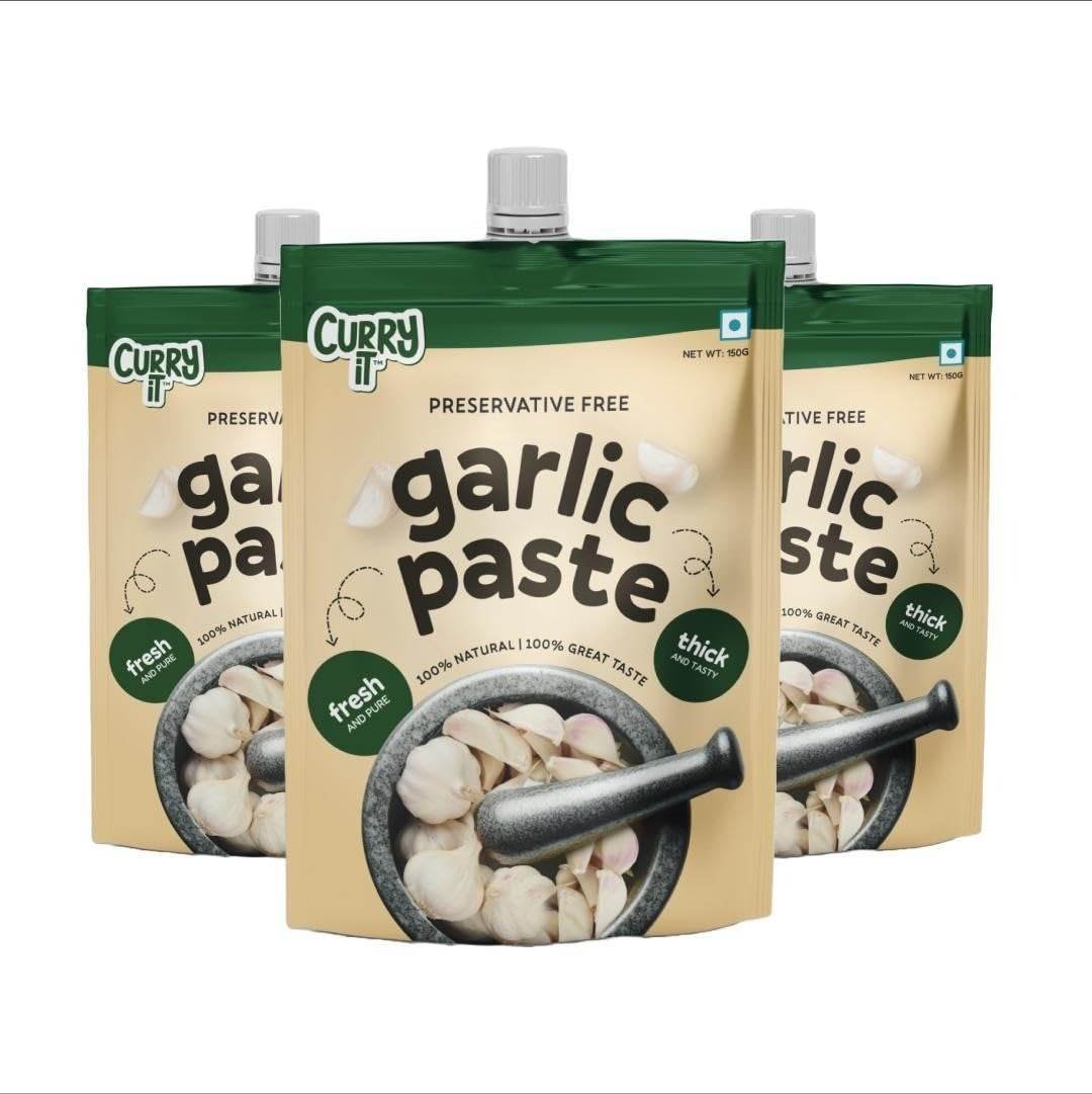uk61hDjUXHbbL-1-1.jpg CURRYiT Preservative Free Garlic Paste 150gm | Thick & Coarse | Ready to Cook Lehsun Cooking Paste| Fresh & Pure | Organically Processed Garlic paste (Pack of 3) - Fast UK Delivery - Image 1