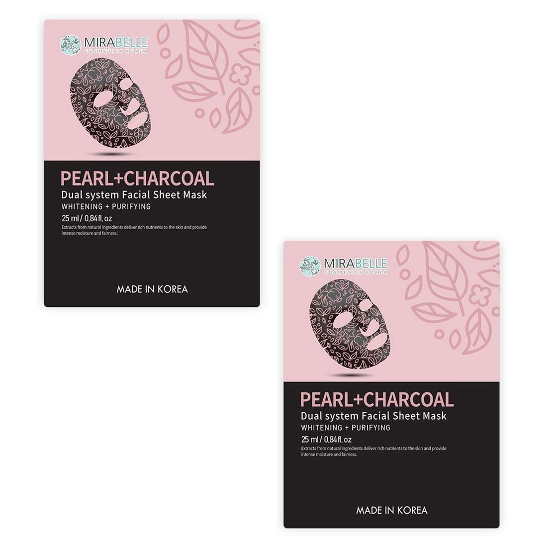 uk61ieechHvQL-1.jpg MIRABELLE KOREA PEARL + CHARCOAL DUAL SYSTEM FACIAL SHEET MASK - 25 ml (A PACK OF 2) - Fast UK Delivery - Image 1