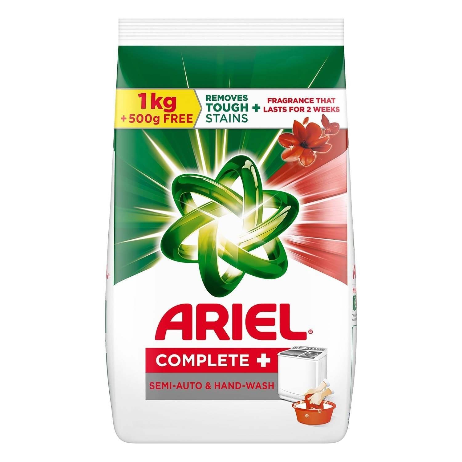 uk61jYymPxidL-1-1.jpg Ariel Complete Detergent Powder - 1kg + 500g free | Removes 100 Tough Stains in 1 wash | Fragrance that lasts for 2 weeks | For Semi Auto Washing Machine & Bucket Wash - Fast UK Delivery - Image 1