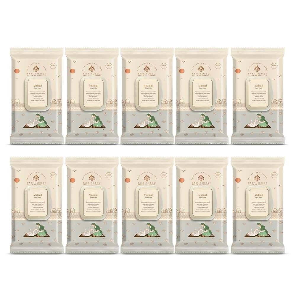 uk61kBZYAyOtL-1-1.jpg Baby Forest Mulmul Baby Wipes | Ultra-Soft Baby Wet Wipes | Water Based Wipes | Chemical Free & Organic Baby Wipes | 3x Thicker & Softer Wipes | 72 Wipes | Pack of 10 - Fast UK Delivery - Image 1