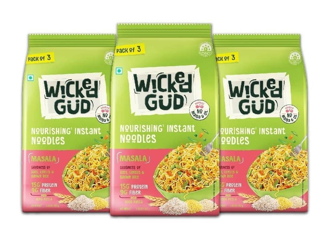 uk61lCtV1l-DL-1-1.jpg WickedGud Masala Noodles (207gm x 3) No Maida | No Oil | No MSG | High Protein | High Fibre | Cholesterol Free - Fast UK Delivery - Image 1
