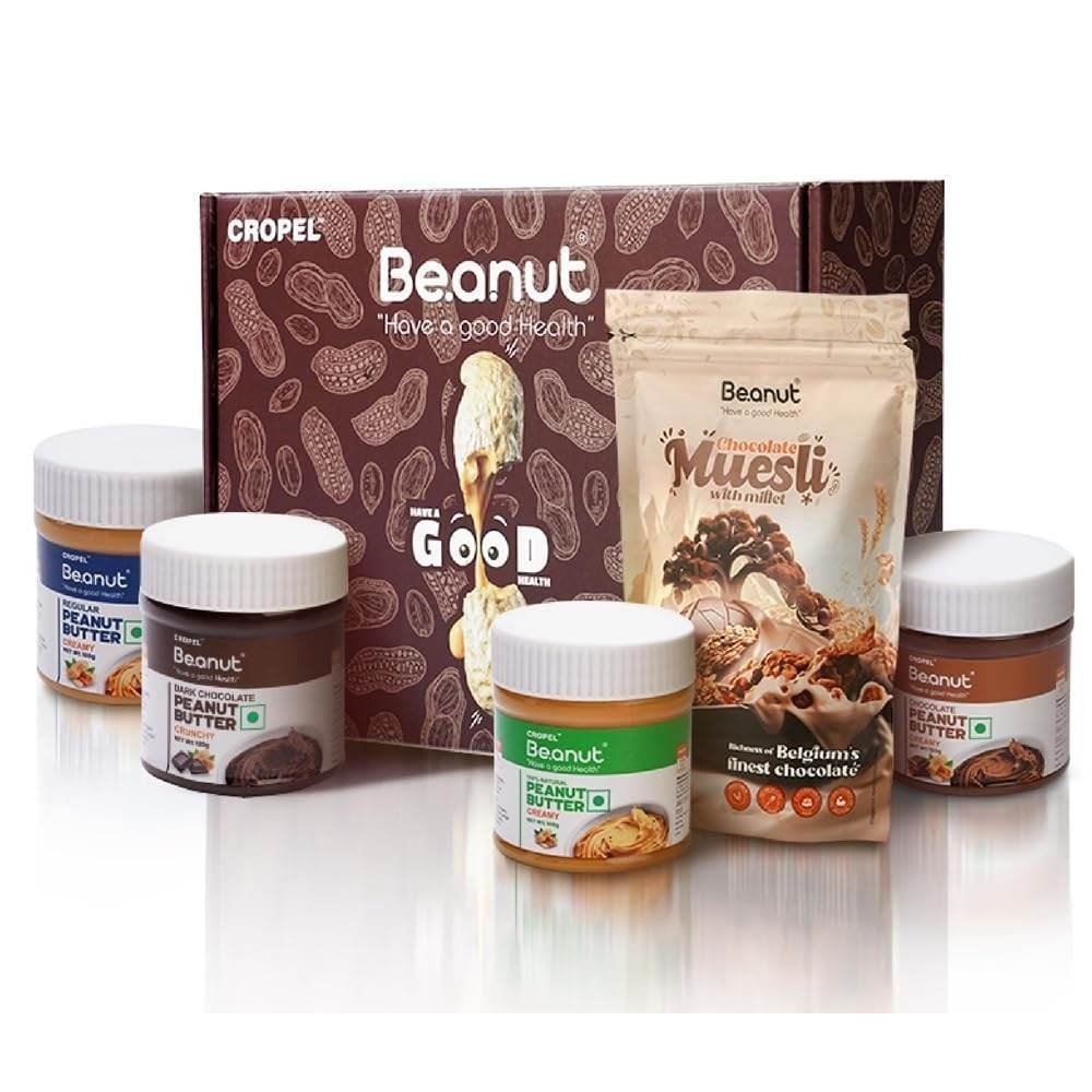 uk61mkFfCZEpL-1-1.jpg Beanut | Chocolate Muesli & Peanut Butter Gift Set | High Protein, Gluten-Free, Healthy Breakfast | 4x100 gm Peanut jar each and 400gm Muesli - Fast UK Delivery - Image 1