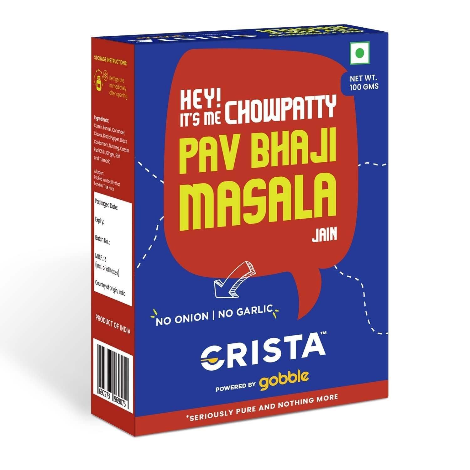 uk61tznoBc6yL-1-1.jpg CRISTA Jain Chowpatty Pav Bhaji Masala | Premium Spices Blend | Vegan | No Onion | No Garlic | Zero added Colours, Fillers, Additives & Preservatives | 100 gms - Image 1