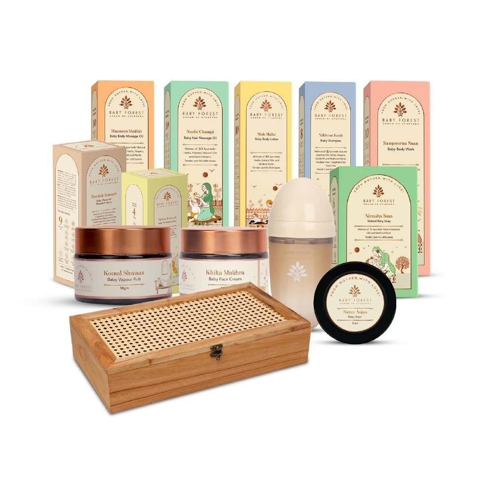 uk61u3Dxni2hL-1-1.jpg Baby Forest Nanhi Pitari First Birthday Gift Box | 12 Piece First Birthday Wooden Gift Box | Sunscreen Lotion,Bottle,Repellant Spray,Skin-Care & Hair Care Products | Holistic Natural Baby Care - Fast UK Delivery - Image 1