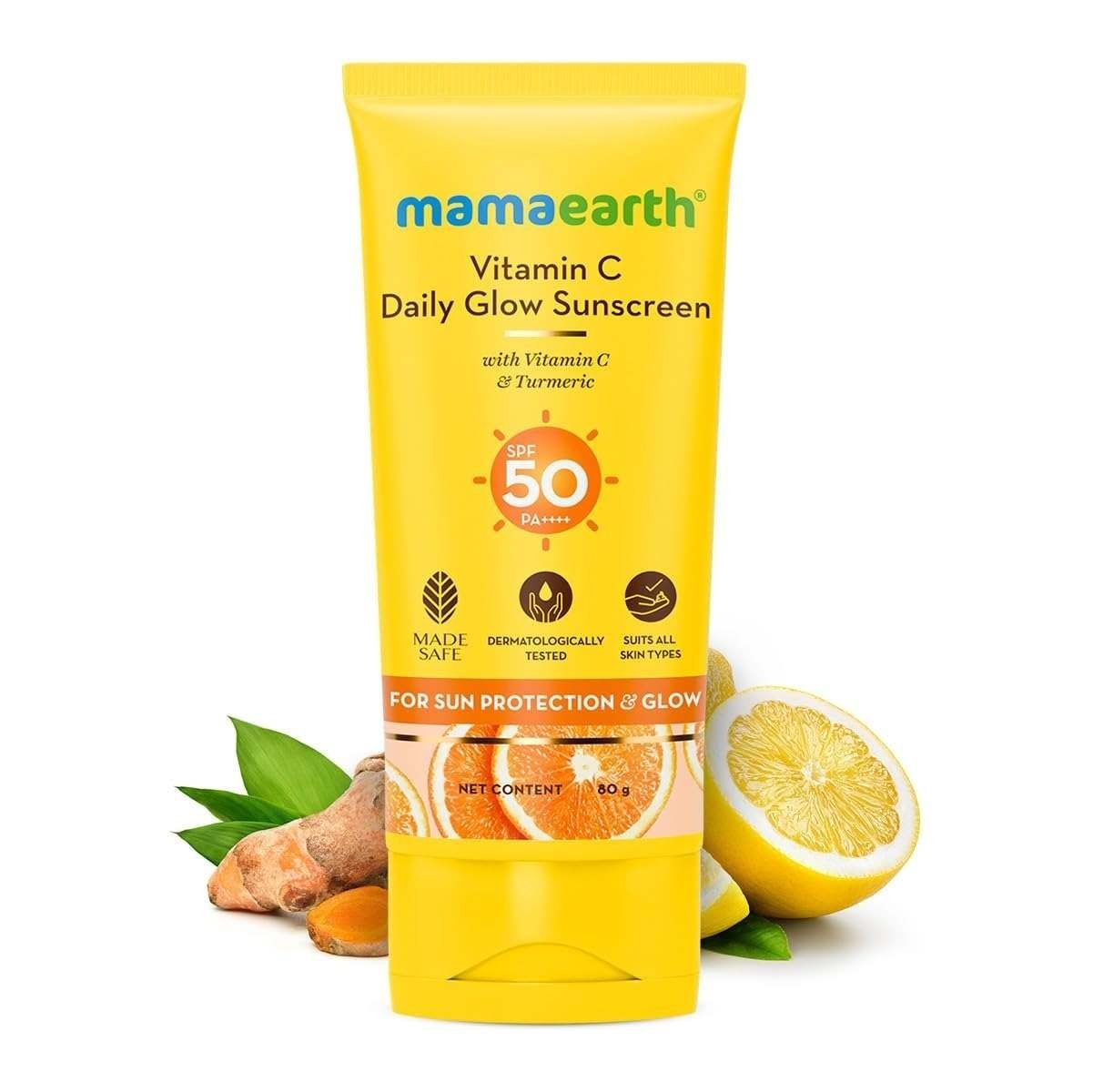 uk61u8p7cGNWL-1.jpg Mamaearth Vitamin C Daily Glow Sunscreen with Vitamin C & Turmeric for Sun Protection & Glow | SPF 50 & PA++++ Protection | No White Cast | Lightweight & Non-Sticky | Brightens Skin | For All Skin Types | 80 g - Fast UK Delivery - Image 1